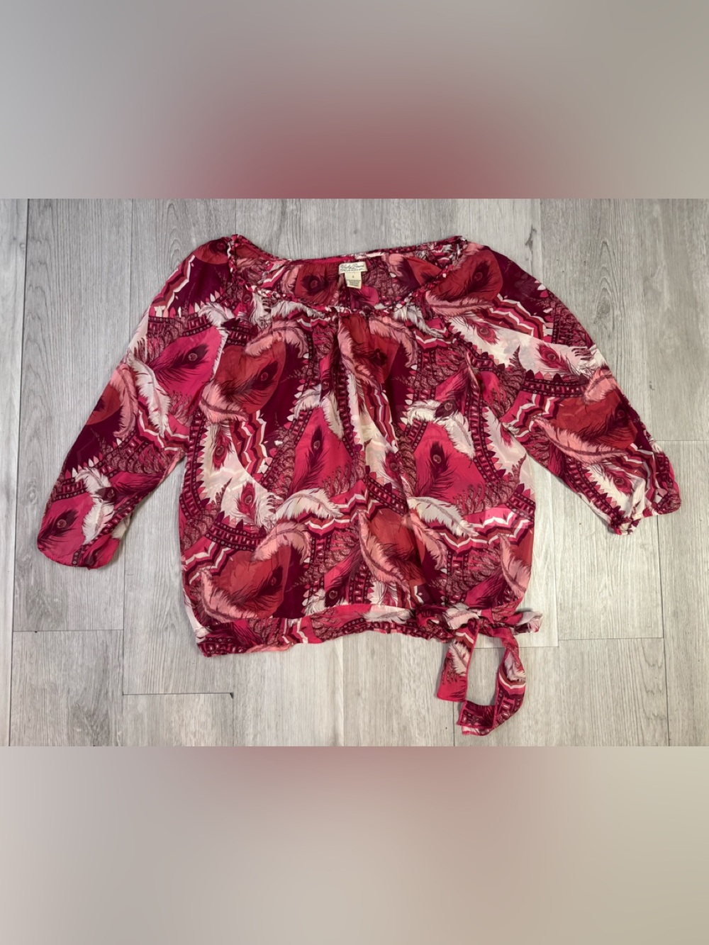 Lucky Brand Womens Sheer Pink Feather Top Tie Front Blouse Size Small 100% Rayon